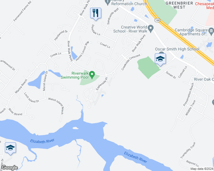 map of restaurants, bars, coffee shops, grocery stores, and more near 609 Sail Fish Quay in Chesapeake