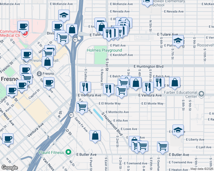 map of restaurants, bars, coffee shops, grocery stores, and more near S 1st St & E Mono Ave in Fresno