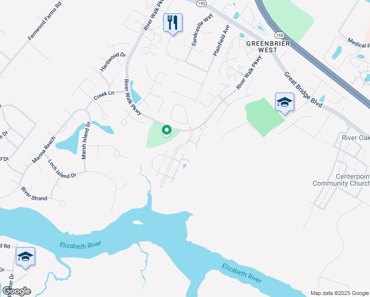 map of restaurants, bars, coffee shops, grocery stores, and more near 345 Esplanade Place in Chesapeake