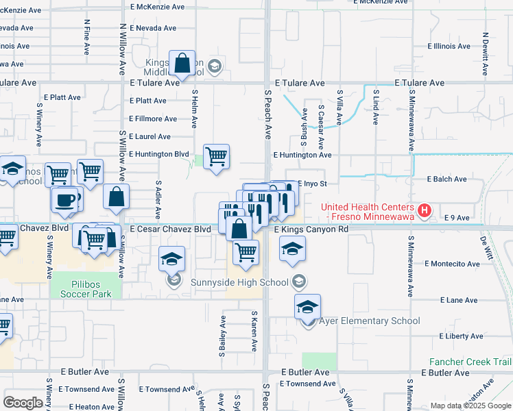 map of restaurants, bars, coffee shops, grocery stores, and more near 5171 East Kings Canyon Road in Fresno