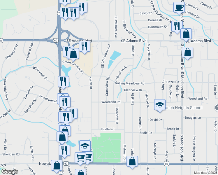 map of restaurants, bars, coffee shops, grocery stores, and more near 1216 Grandview Road in Bartlesville