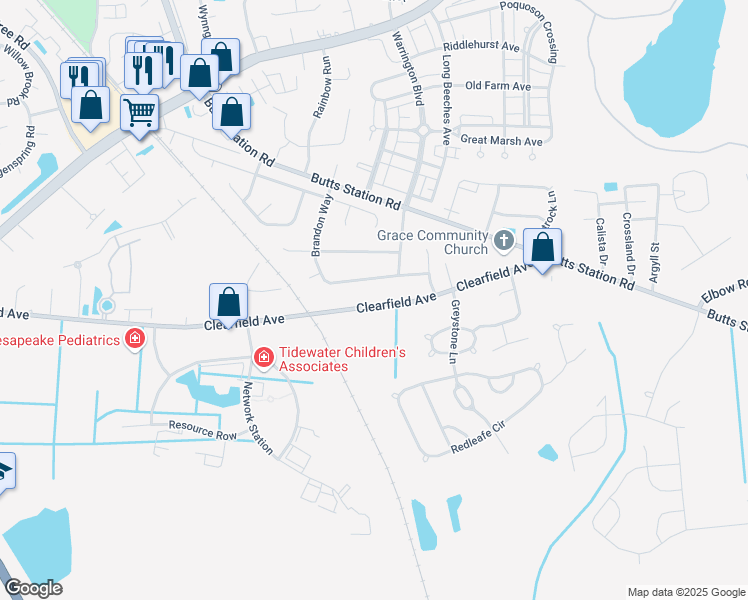 map of restaurants, bars, coffee shops, grocery stores, and more near 732 Clearfield Avenue in Chesapeake