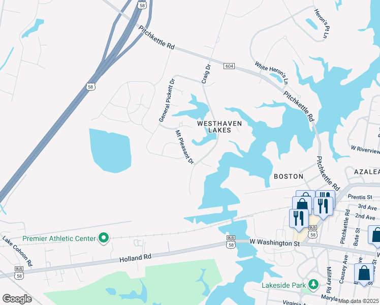 map of restaurants, bars, coffee shops, grocery stores, and more near 1203 Mount Pleasant Drive in Suffolk