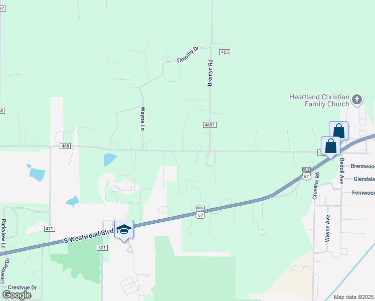 map of restaurants, bars, coffee shops, grocery stores, and more near 669 County Road 468 in Poplar Bluff