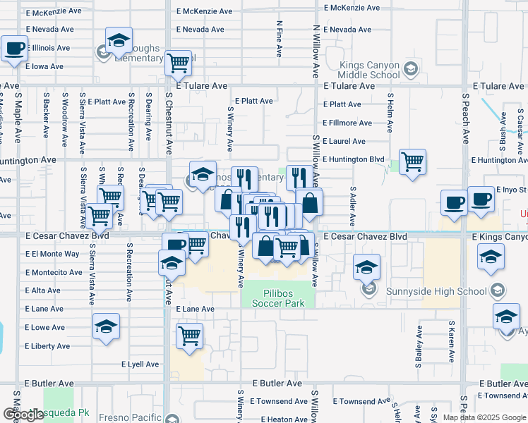 map of restaurants, bars, coffee shops, grocery stores, and more near 4921 East Kings Canyon Road in Fresno
