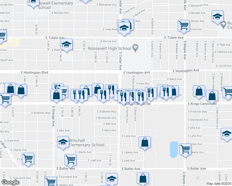 map of restaurants, bars, coffee shops, grocery stores, and more near 572 South Cedar Avenue in Fresno