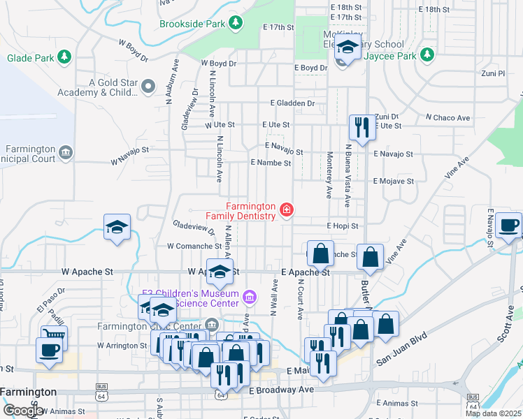 map of restaurants, bars, coffee shops, grocery stores, and more near 707 North Wall Avenue in Farmington