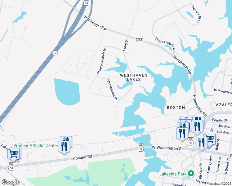 map of restaurants, bars, coffee shops, grocery stores, and more near 1203 Mount Pleasant Drive in Suffolk