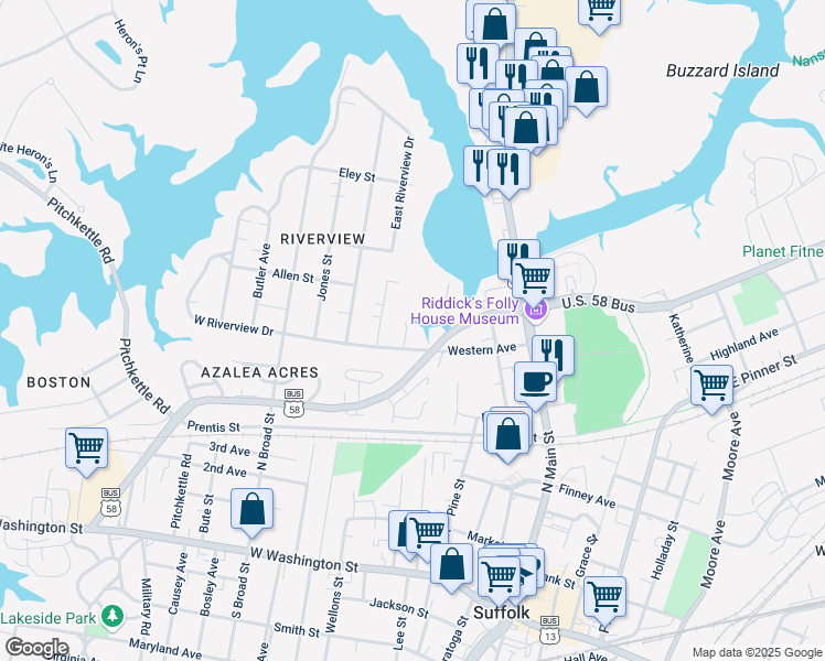 map of restaurants, bars, coffee shops, grocery stores, and more near 510 Lexington Avenue in Suffolk