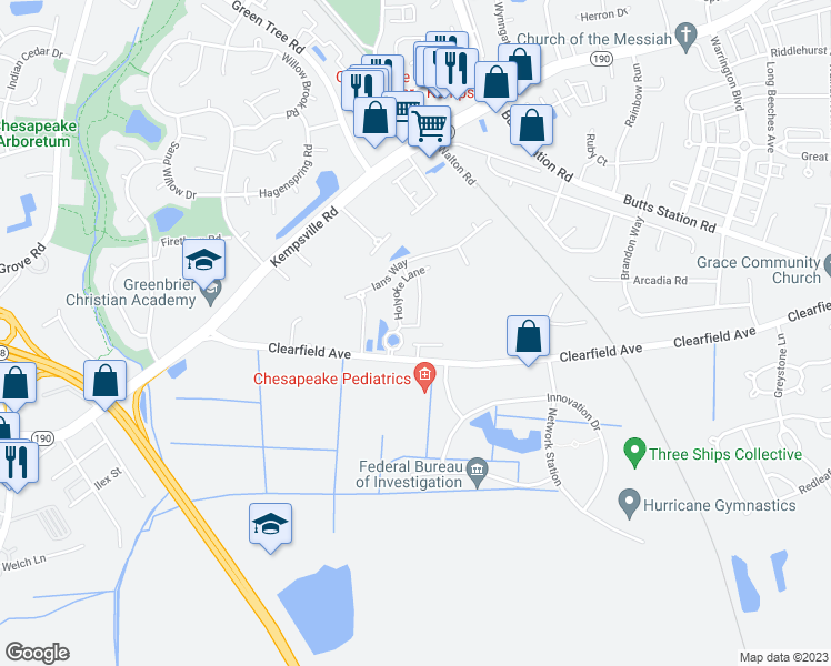 map of restaurants, bars, coffee shops, grocery stores, and more near 415 Oakstone Trail in Chesapeake
