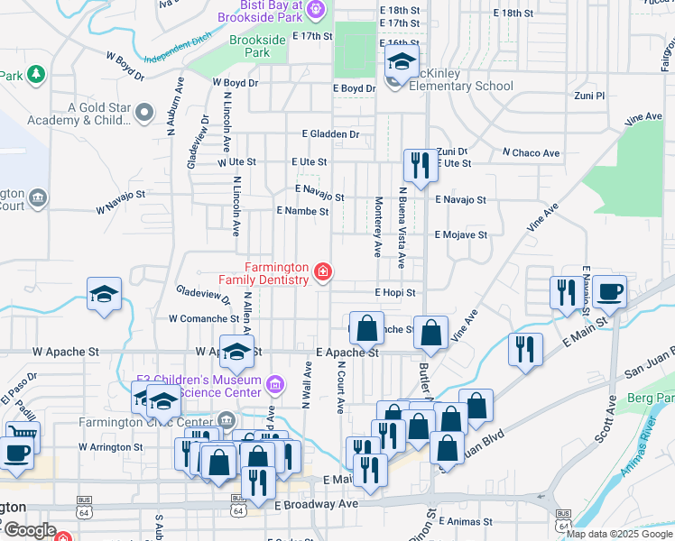 map of restaurants, bars, coffee shops, grocery stores, and more near 613 North Dustin Avenue in Farmington