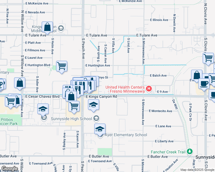 map of restaurants, bars, coffee shops, grocery stores, and more near 5285 East Kings Canyon Road in Fresno