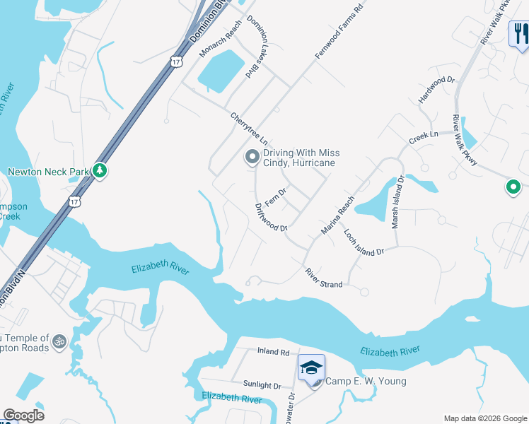 map of restaurants, bars, coffee shops, grocery stores, and more near 223 Driftwood Drive in Chesapeake