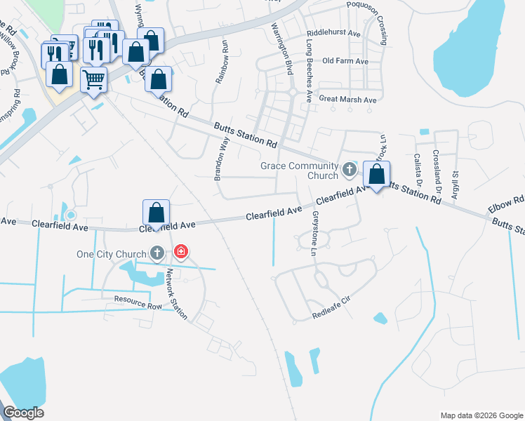 map of restaurants, bars, coffee shops, grocery stores, and more near 736 Clearfield Avenue in Chesapeake