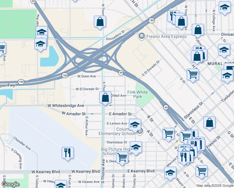 map of restaurants, bars, coffee shops, grocery stores, and more near 625 South Plumas Street in Fresno