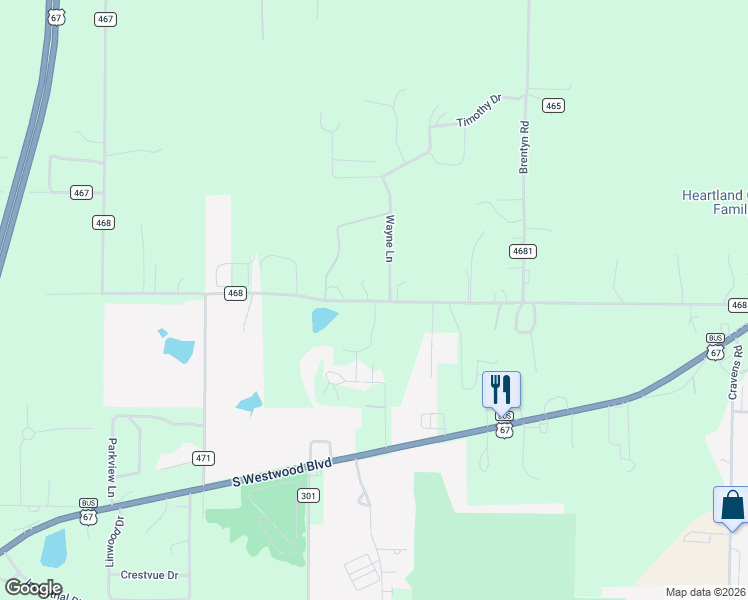 map of restaurants, bars, coffee shops, grocery stores, and more near 985 County Road 468 in Poplar Bluff