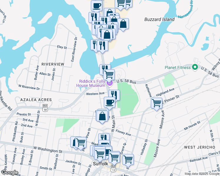 map of restaurants, bars, coffee shops, grocery stores, and more near 510 North Main Street in Suffolk
