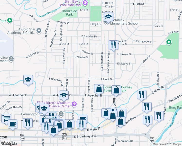 map of restaurants, bars, coffee shops, grocery stores, and more near 613 North Dustin Avenue in Farmington