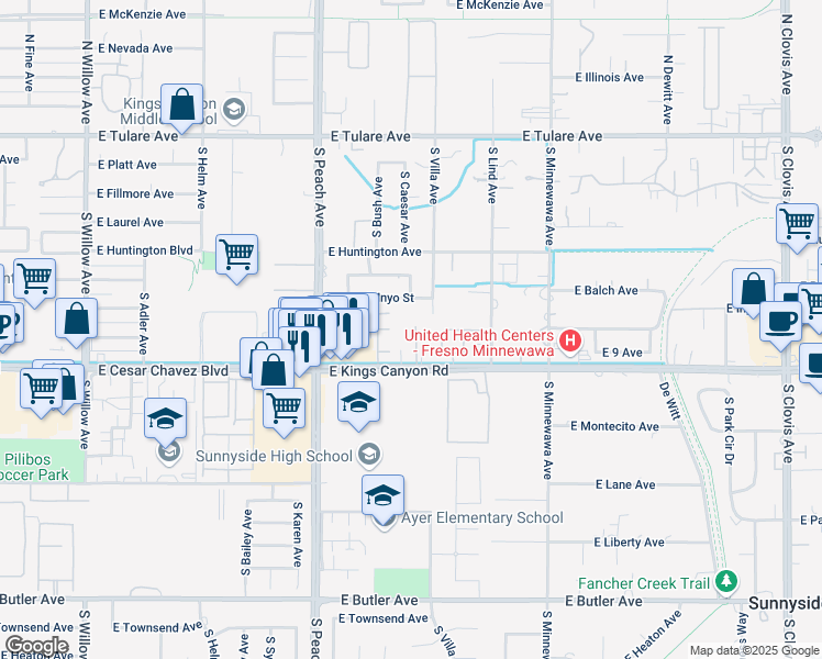 map of restaurants, bars, coffee shops, grocery stores, and more near 5285 East Kings Canyon Road in Fresno