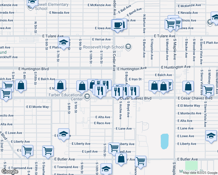 map of restaurants, bars, coffee shops, grocery stores, and more near 4125 East Ventura Avenue in Fresno