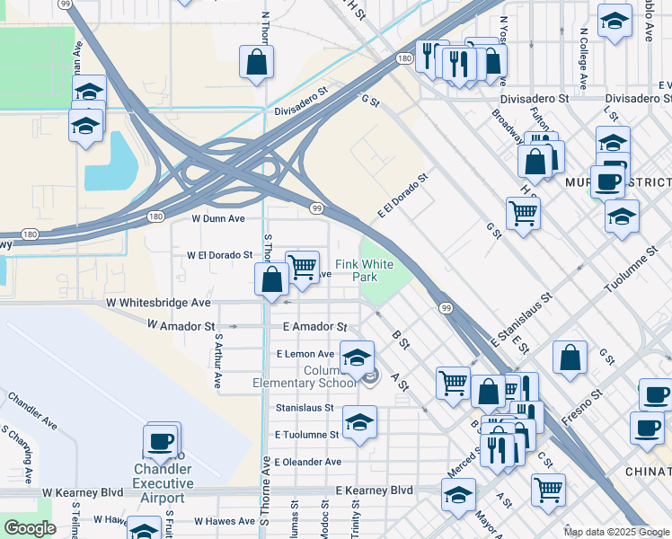 map of restaurants, bars, coffee shops, grocery stores, and more near 220 East O'Neil Avenue in Fresno