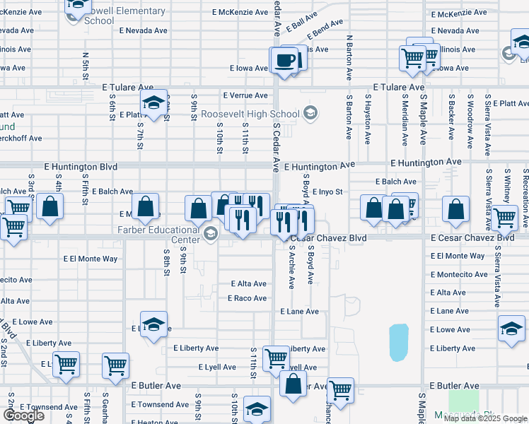 map of restaurants, bars, coffee shops, grocery stores, and more near 4125 East Ventura Avenue in Fresno