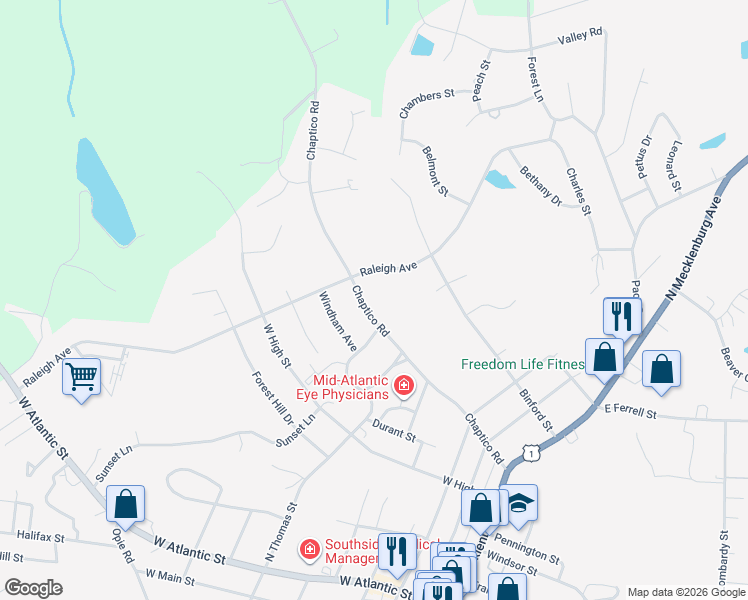 map of restaurants, bars, coffee shops, grocery stores, and more near 600-698 Chaptico Rd in South Hill