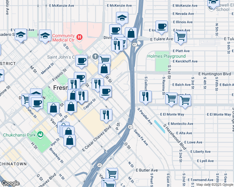 map of restaurants, bars, coffee shops, grocery stores, and more near 645 R Street in Fresno