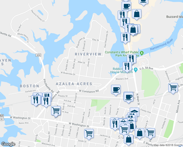 map of restaurants, bars, coffee shops, grocery stores, and more near 507 Dumville Avenue in Suffolk