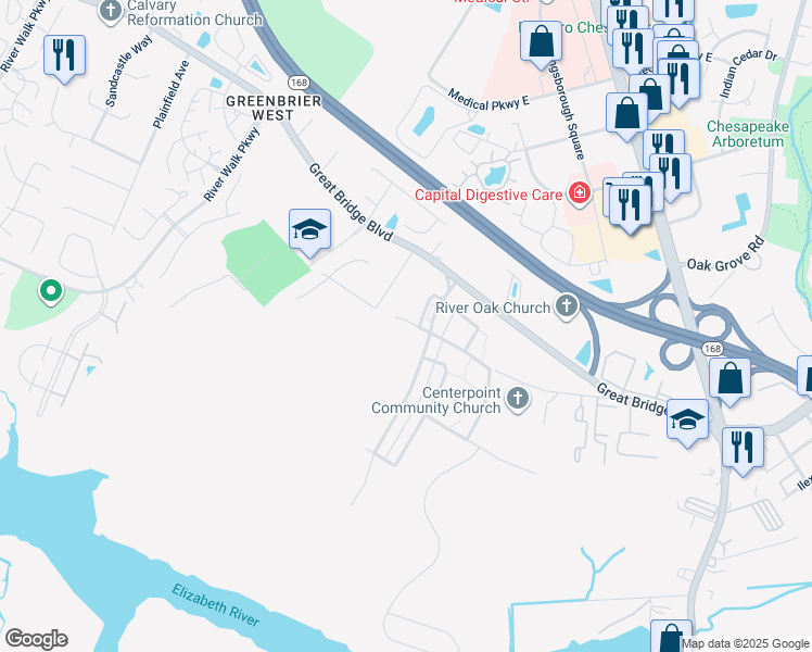 map of restaurants, bars, coffee shops, grocery stores, and more near 409 Conservation Court in Chesapeake