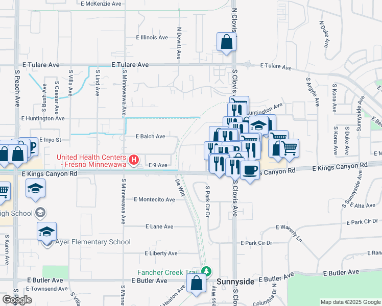 map of restaurants, bars, coffee shops, grocery stores, and more near 5526 East Inyo Street in Fresno