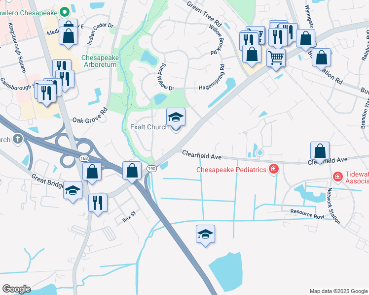 map of restaurants, bars, coffee shops, grocery stores, and more near 304 Clearfield Avenue in Chesapeake