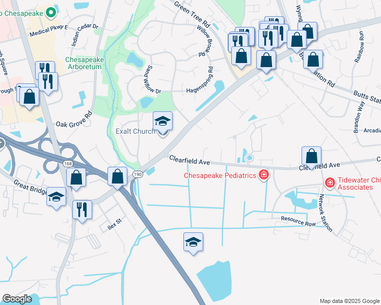 map of restaurants, bars, coffee shops, grocery stores, and more near 328 Clearfield Avenue in Chesapeake