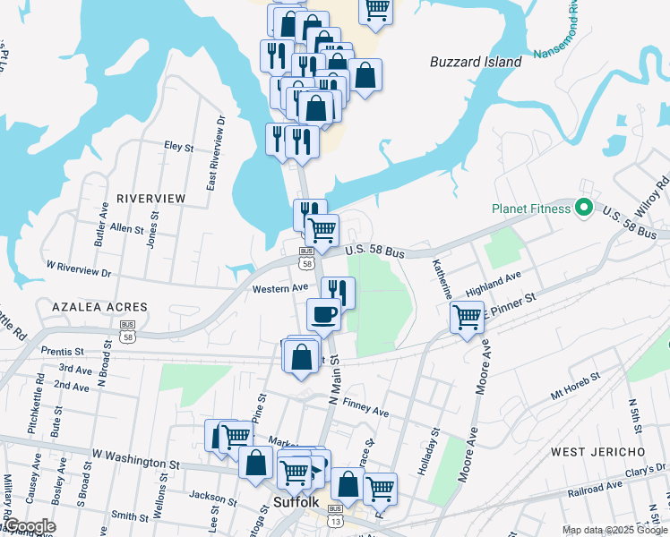 map of restaurants, bars, coffee shops, grocery stores, and more near 510 North Main Street in Suffolk