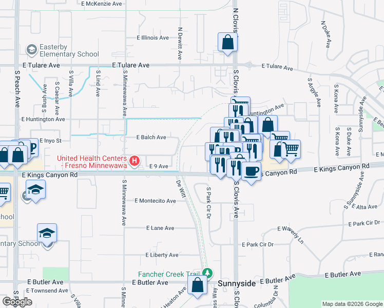 map of restaurants, bars, coffee shops, grocery stores, and more near 5539 East Kings Canyon Road in Fresno