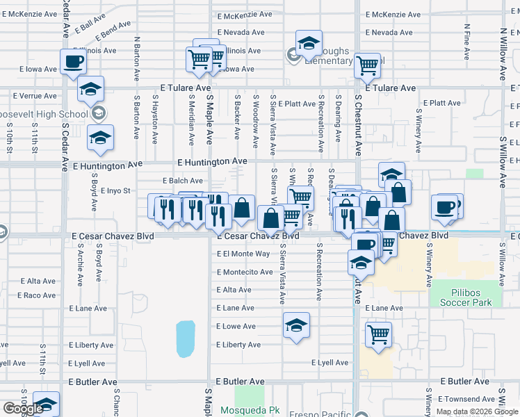 map of restaurants, bars, coffee shops, grocery stores, and more near 642 South Sierra Vista Avenue in Fresno