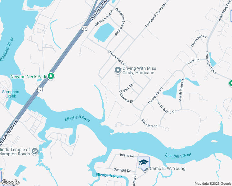 map of restaurants, bars, coffee shops, grocery stores, and more near 229 Fernwood Farms Road in Chesapeake