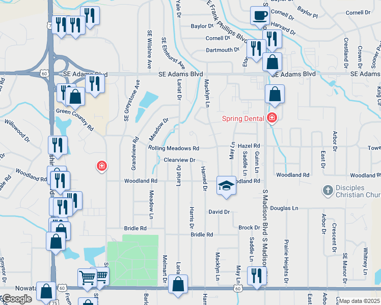 map of restaurants, bars, coffee shops, grocery stores, and more near 1200 Harris Drive in Bartlesville