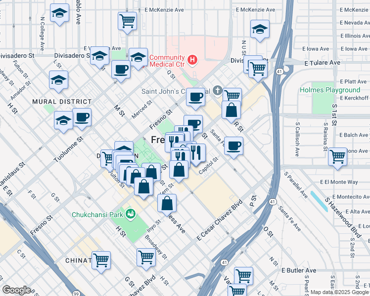 map of restaurants, bars, coffee shops, grocery stores, and more near 2444 Tulare Street in Fresno