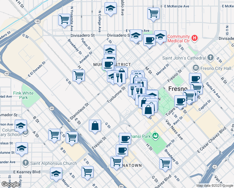 map of restaurants, bars, coffee shops, grocery stores, and more near Tuolumne Street & Broadway Street in Fresno