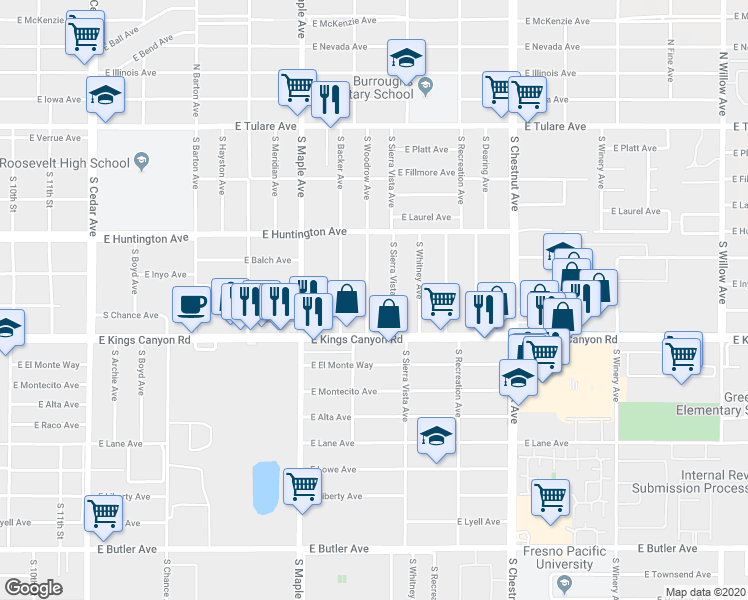 map of restaurants, bars, coffee shops, grocery stores, and more near 563 South Woodrow Avenue in Fresno