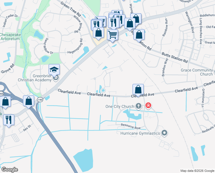 map of restaurants, bars, coffee shops, grocery stores, and more near Oakstone Trail in Chesapeake