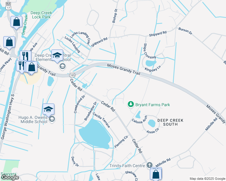 map of restaurants, bars, coffee shops, grocery stores, and more near 2647 Twin Cedar Trail in Chesapeake