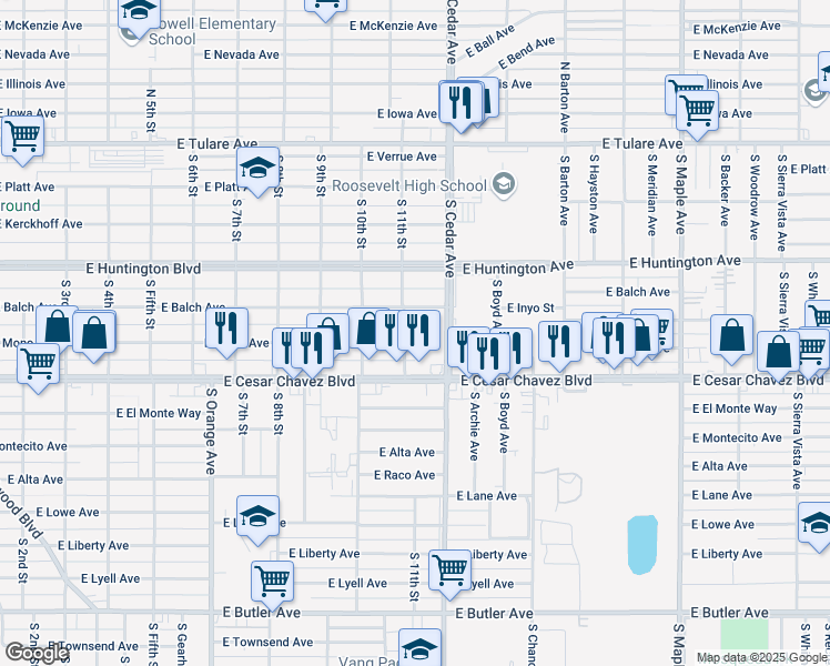 map of restaurants, bars, coffee shops, grocery stores, and more near 4124 East Balch Avenue in Fresno