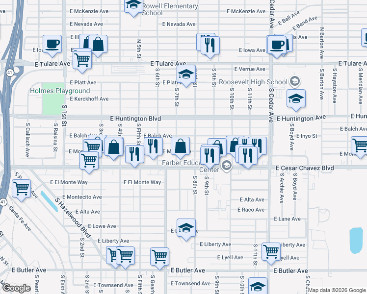 map of restaurants, bars, coffee shops, grocery stores, and more near 3748 East Balch Avenue in Fresno