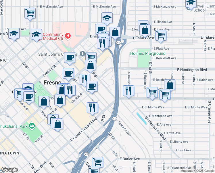 map of restaurants, bars, coffee shops, grocery stores, and more near 178 R Street in Fresno