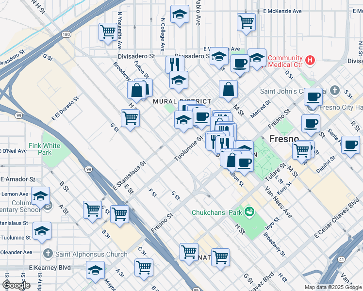 map of restaurants, bars, coffee shops, grocery stores, and more near 1462 Broadway Street in Fresno