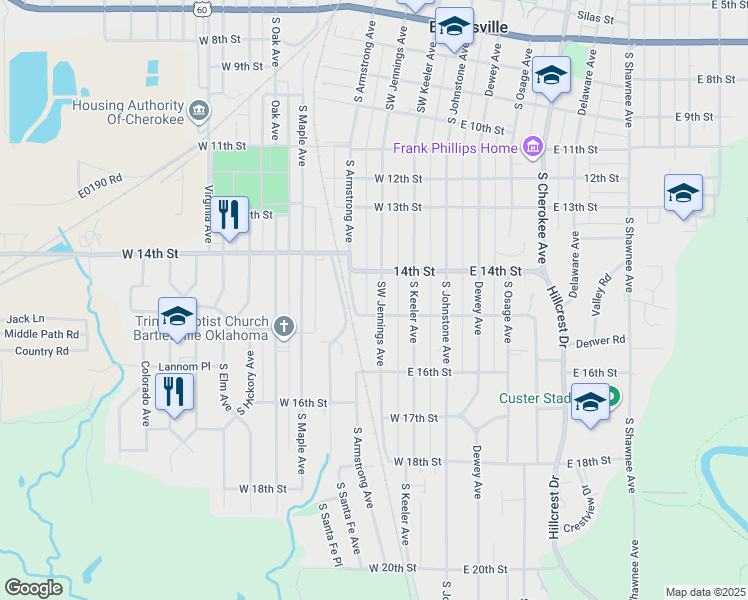 map of restaurants, bars, coffee shops, grocery stores, and more near 1404 Southwest Jennings Avenue in Bartlesville