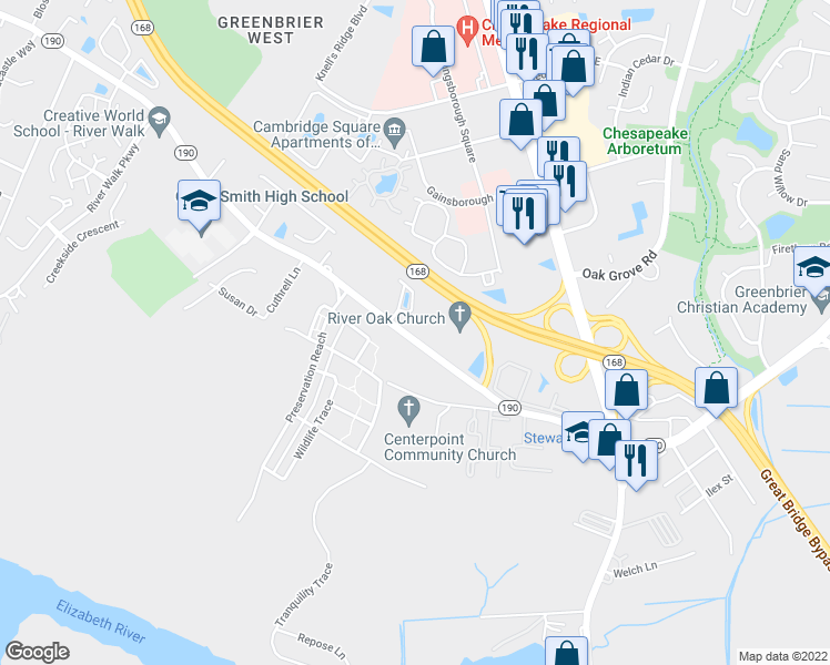 map of restaurants, bars, coffee shops, grocery stores, and more near 301 Great Bridge Boulevard in Chesapeake