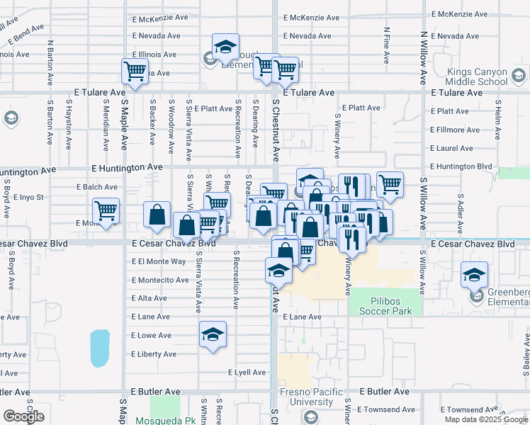map of restaurants, bars, coffee shops, grocery stores, and more near 552 South Chestnut Avenue in Fresno